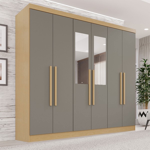 Guarda-Roupa Solteiro Max 6 Portas 2 Gavetas com Espelho Jequitibá/Granizo - Pnr Móveis