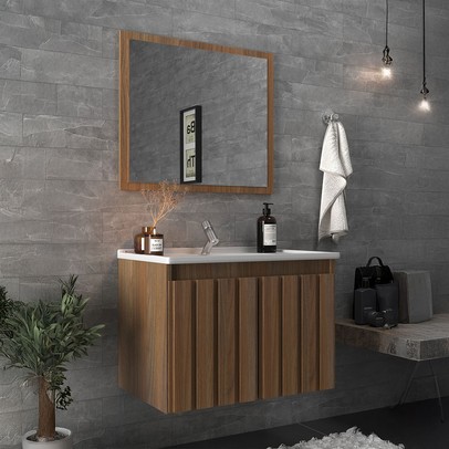 Armário de Banheiro Barra 60 Cm 2 Portas com Espelho 100% Mdf Ripado Noce - Belizze Móveis