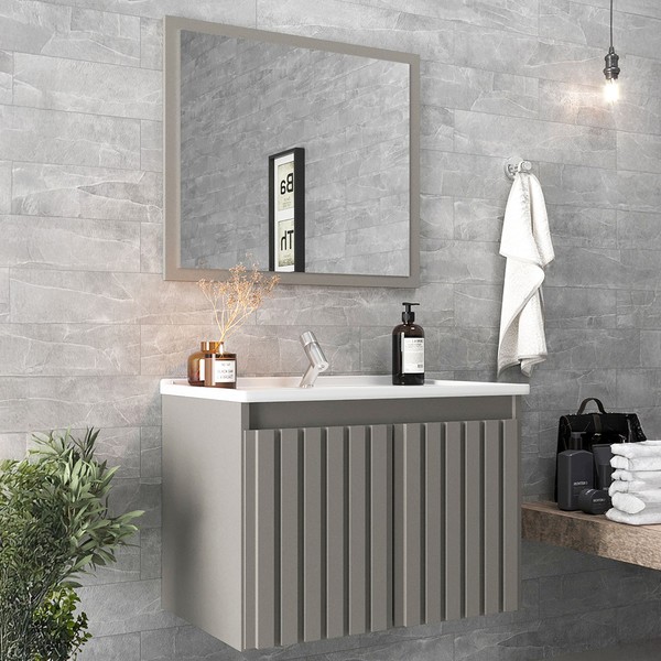 Armário de Banheiro Barra 60 Cm 2 Portas com Espelho 100% Mdf Ripado Cimento - Belizze Móveis