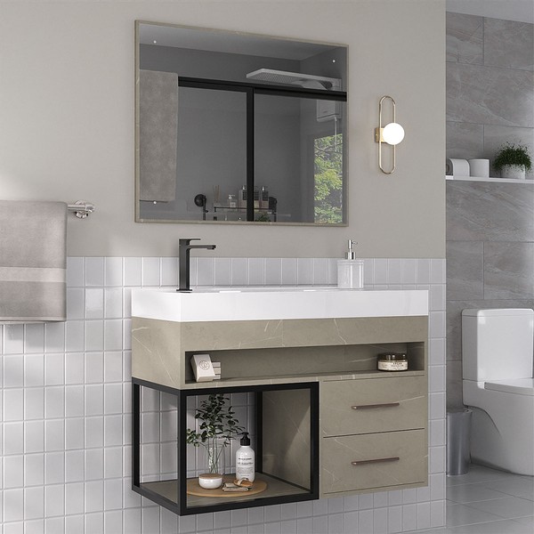 Armário de Banheiro New 80 Cm 2 Gavetas 100% Mdf com Espelho Marmo Crema - Belizze Móveis