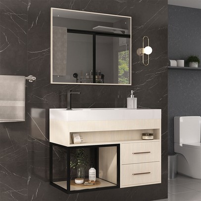Armário de Banheiro New 80 Cm 2 Gavetas 100% Mdf com Espelho Carvalho - Belizze Móveis