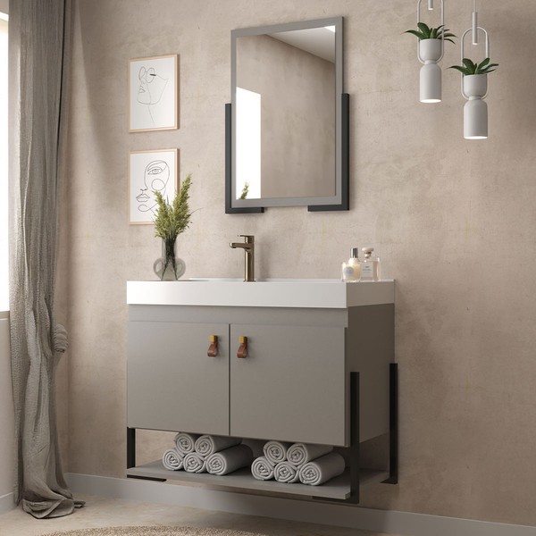 Armário de Banheiro Opera 60 Cm 2 Portas 100% Mdf com Espelho Cimento - Belizze Móveis