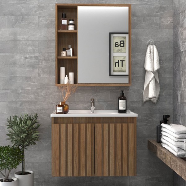 Armário de Banheiro Alpes 60 Cm 3 Portas 100% Mdf Ripado com Espelho Noce - Belizze Móveis