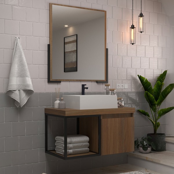 Armário de Banheiro Miami 80 Cm 1 Porta 100% Mdf com Espelho Noce - Belizze Móveis