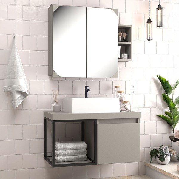 Armário de Banheiro Bosque 80 Cm 3 Portas 100% Mdf com Espelho Cimento - Belizze Móveis