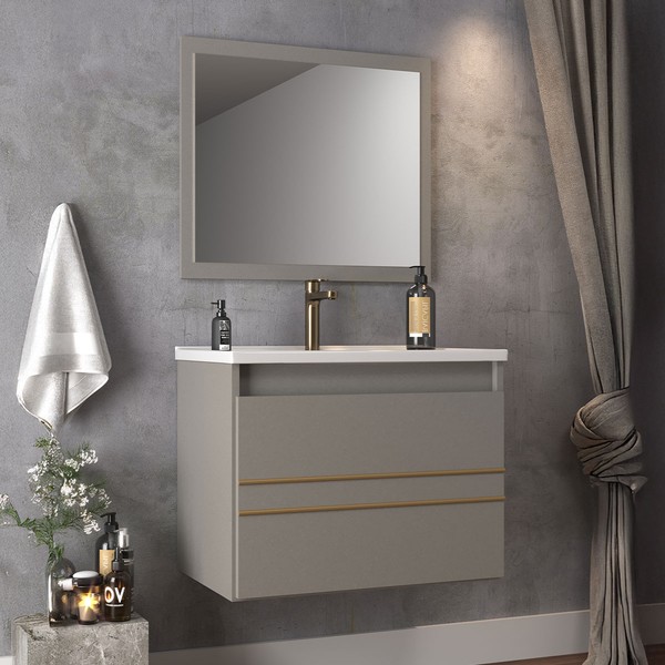 Armário de Banheiro Royal 60 Cm 1 Porta 100% Mdf com Espelho Cimento - Belizze Móveis