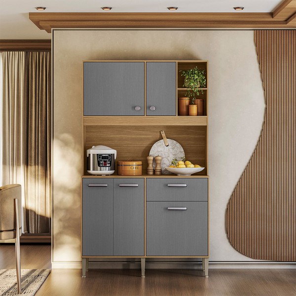Armário de Cozinha Kits Liv 5 Portas 1 Gaveta Freijó/Gris - Kits Paraná