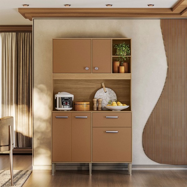 Armário de Cozinha Kits Liv 5 Portas 1 Gaveta Freijó/Caramelo - Kits Paraná