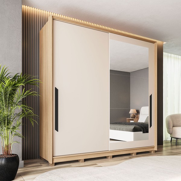 Guarda-Roupa Casal Barcelona 2 Portas 4 Gavetas com Espelho Carvalho/Off White - Politorno