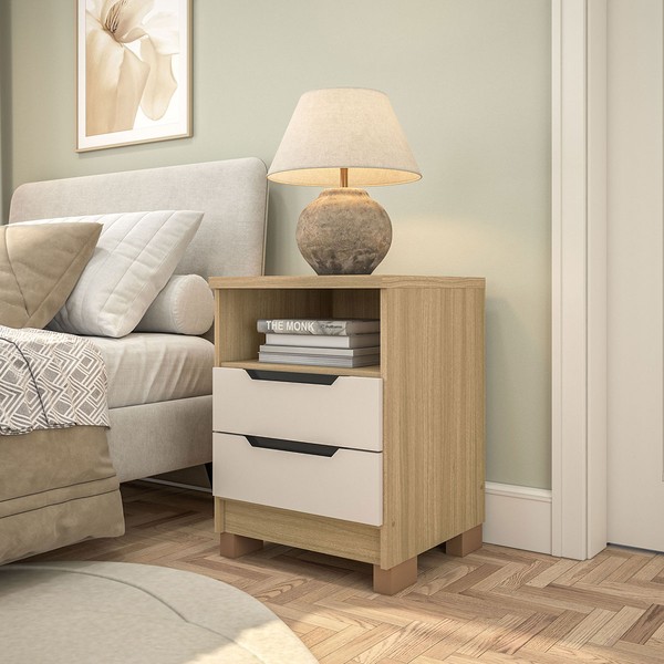 Mesa de Cabeceira Barcelona 2 Gavetas 100% Mdf Carvalho/Off White - Politorno