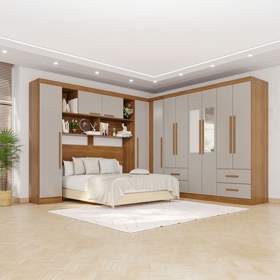 Guarda-Roupa Casal Modulado Andorra 11 Portas 4 Gavetas com Espelho Cinamomo/Off White - Pnr Móveis
