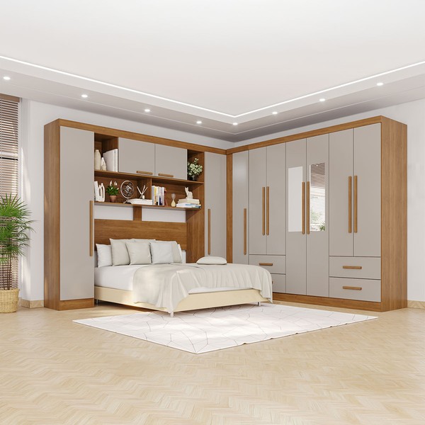 Guarda-Roupa Casal Modulado Andorra 11 Portas 4 Gavetas com Espelho Cinamomo/Off White - Pnr Móveis