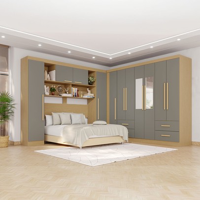 Guarda-Roupa Casal Modulado Andorra 11 Portas 4 Gavetas com Espelho Jequitibá/Granizo - Pnr Móveis