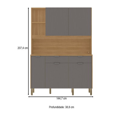 Armário de Cozinha 144,7 Cm Flora 5 Portas 2 Gavetas Freijó/Gris - Kits Paraná