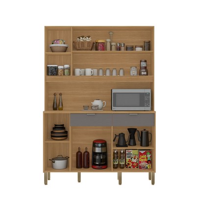 Armário de Cozinha 144,7 Cm Flora 5 Portas 2 Gavetas Freijó/Gris - Kits Paraná
