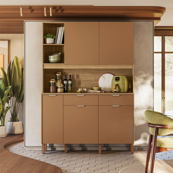 Armário de Cozinha 144,7 Cm Flora 5 Portas 2 Gavetas Freijó/Caramelo - Kits Paraná