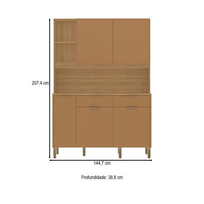 Armário de Cozinha 144,7 Cm Flora 5 Portas 2 Gavetas Freijó/Caramelo - Kits Paraná