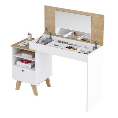 Penteadeira Dora 1 Gaveta com Espelho Naturale/Branco - Artely