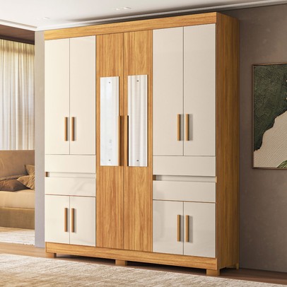 Guarda-Roupa Casal Vizanno 10 Portas 4 Gavetas com Espelho Cinamon/Off White - Demobile