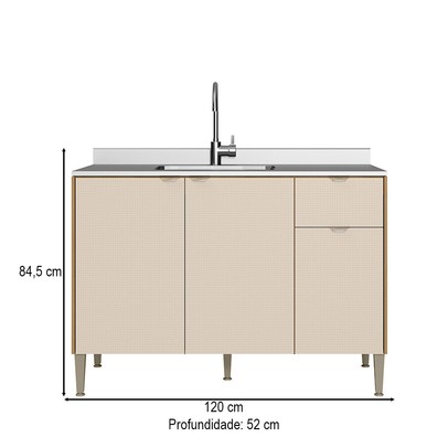 Balcão de Cozinha para Pia 120 Cm Soul 3 Portas 1 Gaveta Freijó/Soft - Kits Paraná