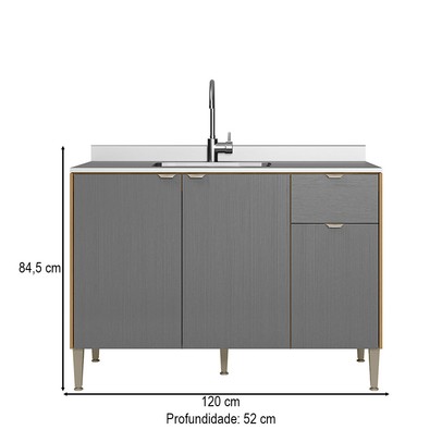 Balcão de Cozinha para Pia 120 Cm Soul 3 Portas 1 Gaveta  Freijó/Gris - Kits Paraná