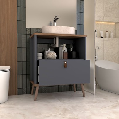 Armário de Banheiro Flandre 80 Cm 1 Porta e 1 Gaveta 100% Mdf Titanium/Freijó - Panorama Móveis