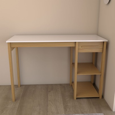Mesa Escrivaninha Room 1 Gaveta 2 Prateleiras 100% Mdf Branco Brilho/Amêndia - Panorama Móveis