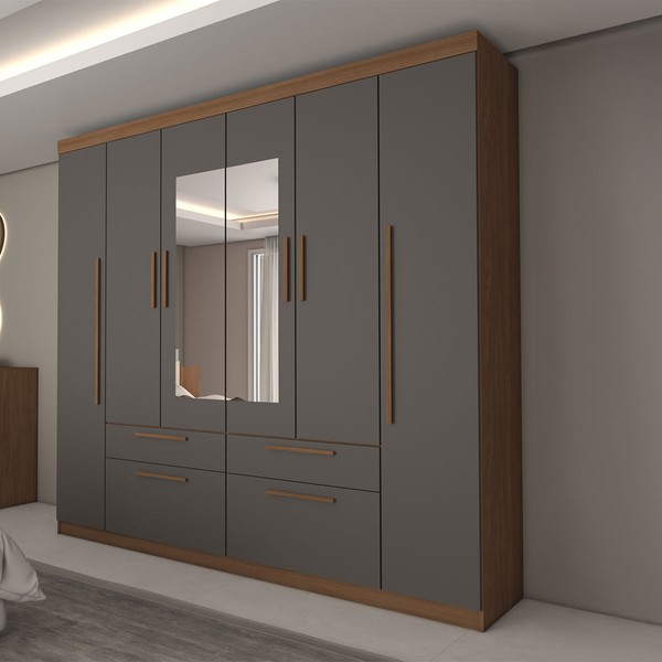 Guarda-Roupa Casal Fortaleza 6 Portas 4 Gavetas com Espelho Jatoba/Grafite - Panorama Móveis