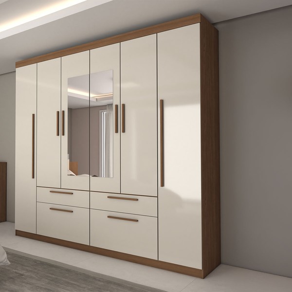 Guarda-Roupa Casal Fortaleza 6 Portas 4 Gavetas com Espelho Jatoba/Areia - Panorama Móveis