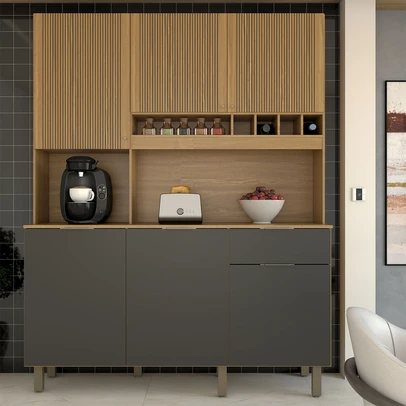 Cozinha Compacta Bela Arte 6 Portas 1 Gaveta 100% Mdf Cinamomo/Chumbo - Panorama Móveis