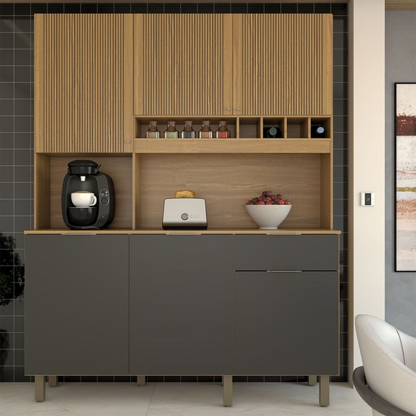 Cozinha Compacta Bela Arte 6 Portas 1 Gaveta 100% Mdf Cinamomo/Chumbo - Panorama Móveis