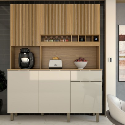 Cozinha Compacta Bela Arte 6 Portas 1 Gaveta 100% Mdf Cinamomo/Off White - Panorama Móveis