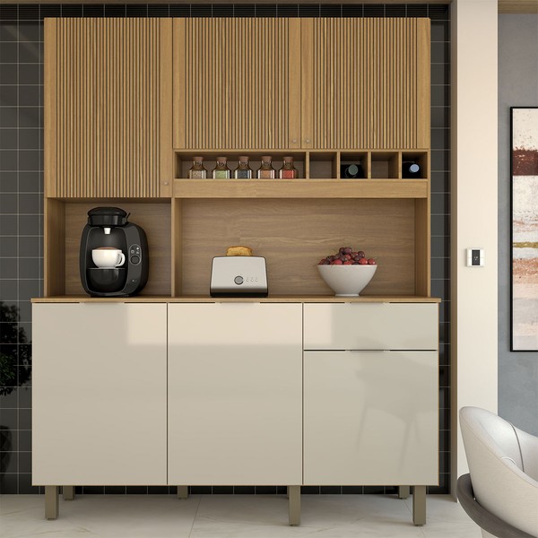 Cozinha Compacta Bela Arte 6 Portas 1 Gaveta 100% Mdf Cinamomo/Off White - Panorama Móveis