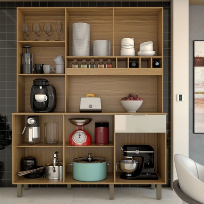 Cozinha Compacta Bela Arte 6 Portas 1 Gaveta 100% Mdf Cinamomo/Off White - Panorama Móveis