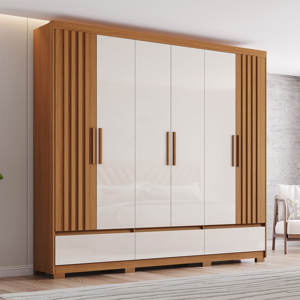 Guarda-Roupa Casal Kaian 6 Portas 3 Gavetas Ripado Cinamomo/Off White - Henn