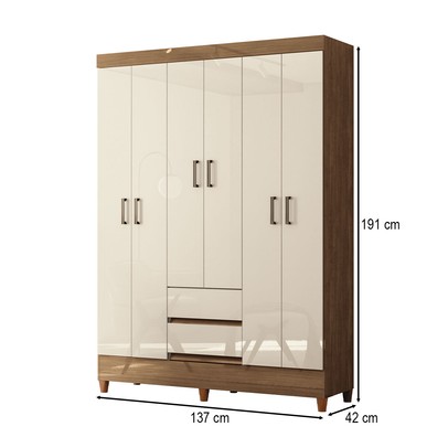 Guarda-Roupa Solteiro Lux 6 Portas 2 Gavetas Jequitiba/Off White - Pnr Móveis