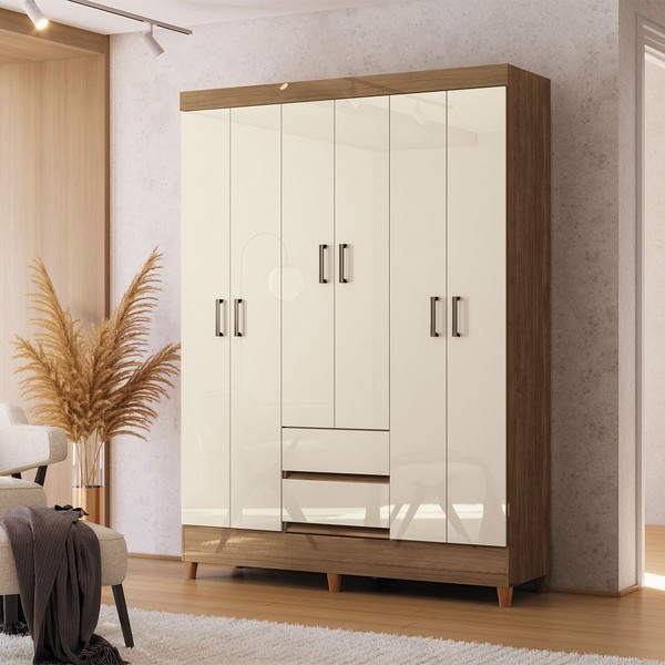 Guarda-Roupa Solteiro Lux 6 Portas 2 Gavetas Jequitiba/Off White - Pnr Móveis