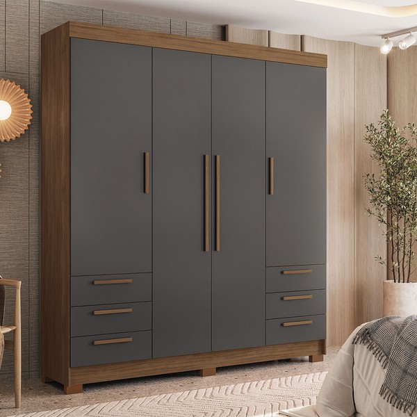 Guarda-Roupa Casal Tibagi 4 Portas 6 Gavetas Jatoba/Grafite - Pnr Móveis