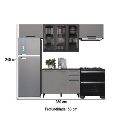 Cozinha Completa Diamante 6 Portas 3 Gavetas com Vidro Chumbo/Titanio - Indékes