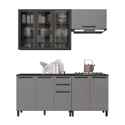 Cozinha Completa Diamante 8 Portas 3 Gavetas com Vidro Chumbo/Titanio - Indékes