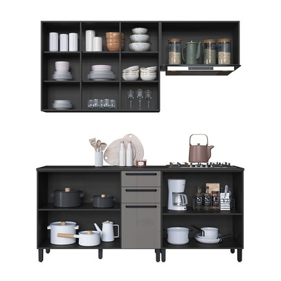 Cozinha Completa Diamante 8 Portas 3 Gavetas com Vidro Chumbo/Titanio - Indékes