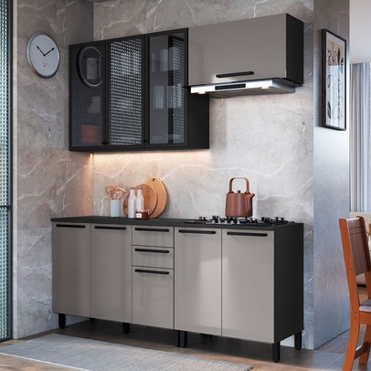 Cozinha Completa Diamante 8 Portas 3 Gavetas com Vidro Chumbo/Titanio - Indékes