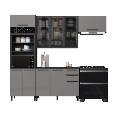 Cozinha Completa Diamante 9 Portas 3 Gavetas com Vidro Chumbo/Titanio - Indékes