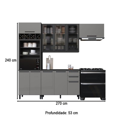 Cozinha Completa Diamante 9 Portas 3 Gavetas com Vidro Chumbo/Titanio - Indékes