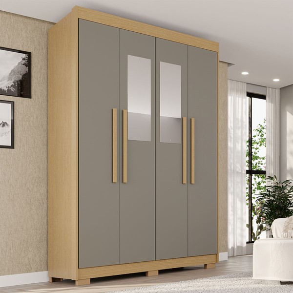 Guarda-Roupa Solteiro Weather com Pés e Espelho 4 Portas 3 Gavetas 100% Mdf Jequitibá/Granizo - Pnr Móveis