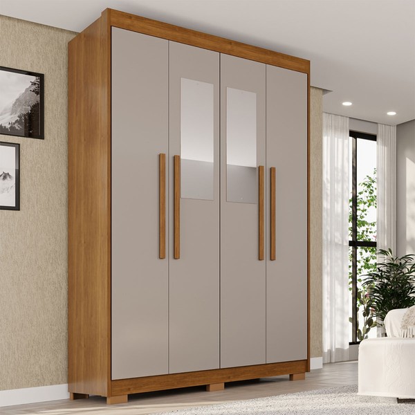 Guarda-Roupa Solteiro Weather com Pés e Espelho 4 Portas 3 Gavetas 100% Mdf Cinamomo/Off White - Pnr Móveis
