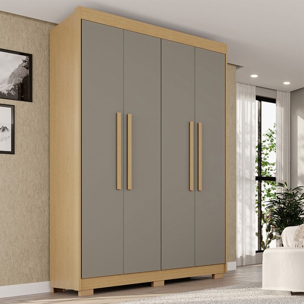 Guarda-Roupa Solteiro Weather com Pés 4 Portas 3 Gavetas 100% Mdf Weather Jequitibá/Granizo - Pnr Móveis