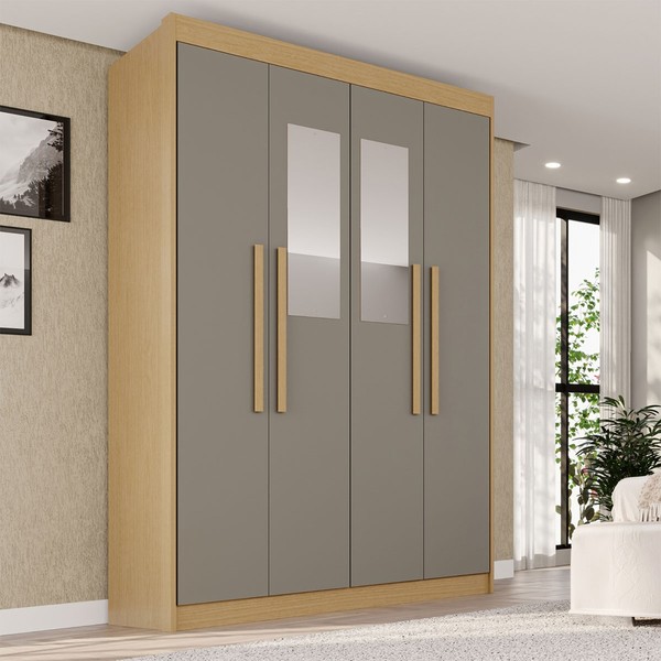 Guarda-Roupa Solteiro Weather com Espelho 4 Portas 3 Gavetas 100% Mdf Jequitibá/Granizo - Pnr Móveis