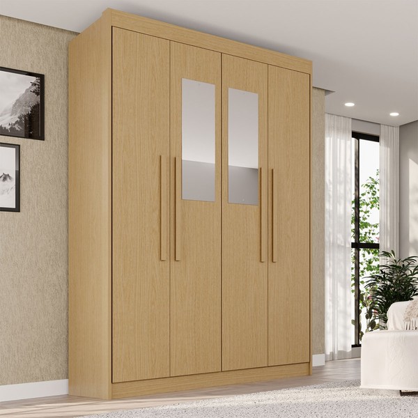 Guarda-Roupa Solteiro Weather com Espelho 4 Portas 3 Gavetas 100% Mdf Jequitibá - Pnr Móveis