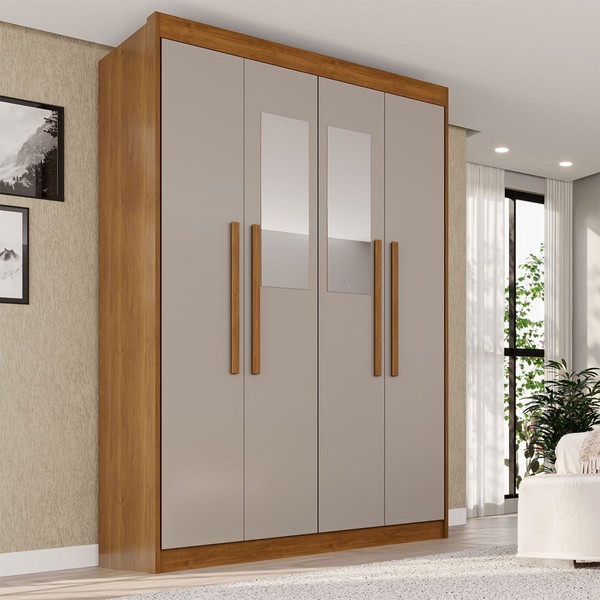 Guarda Roupa Solteiro Weather com Espelho 4 Portas 3 Gavetas 100% Mdf Cinamomo/Off White - Pnr Móveis